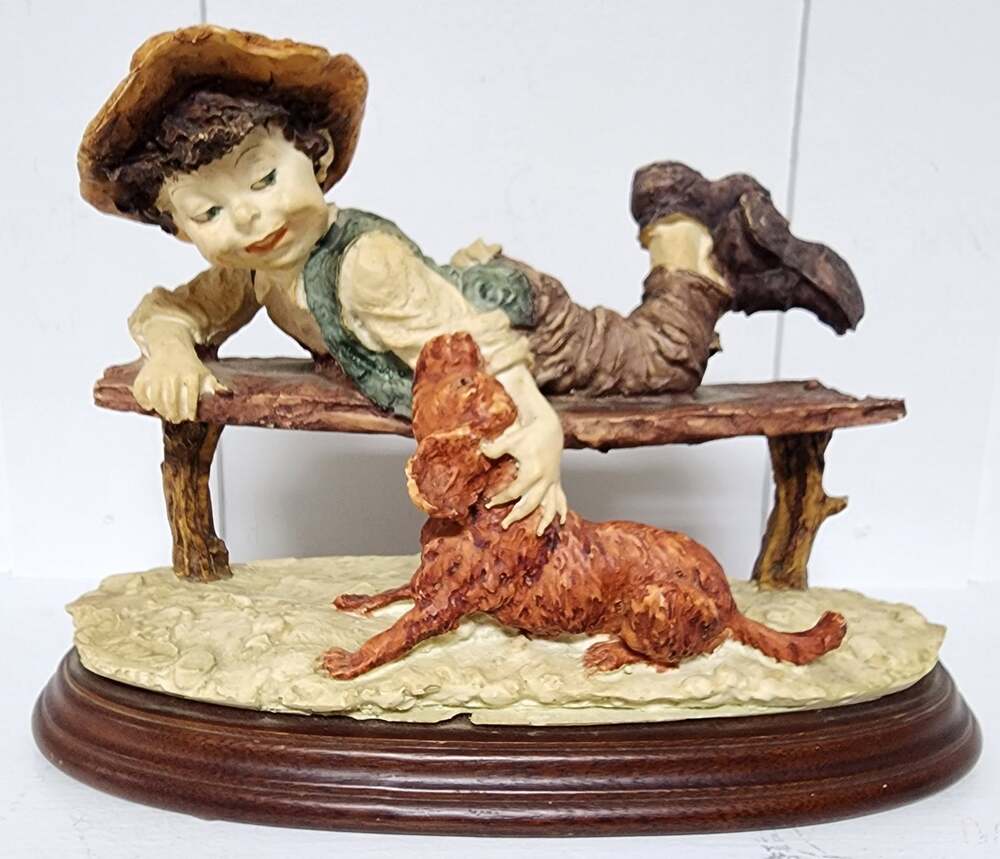 Giuseppe Armani Boy & Dog Figurine on Wood Base 9.5" Vintage Italy